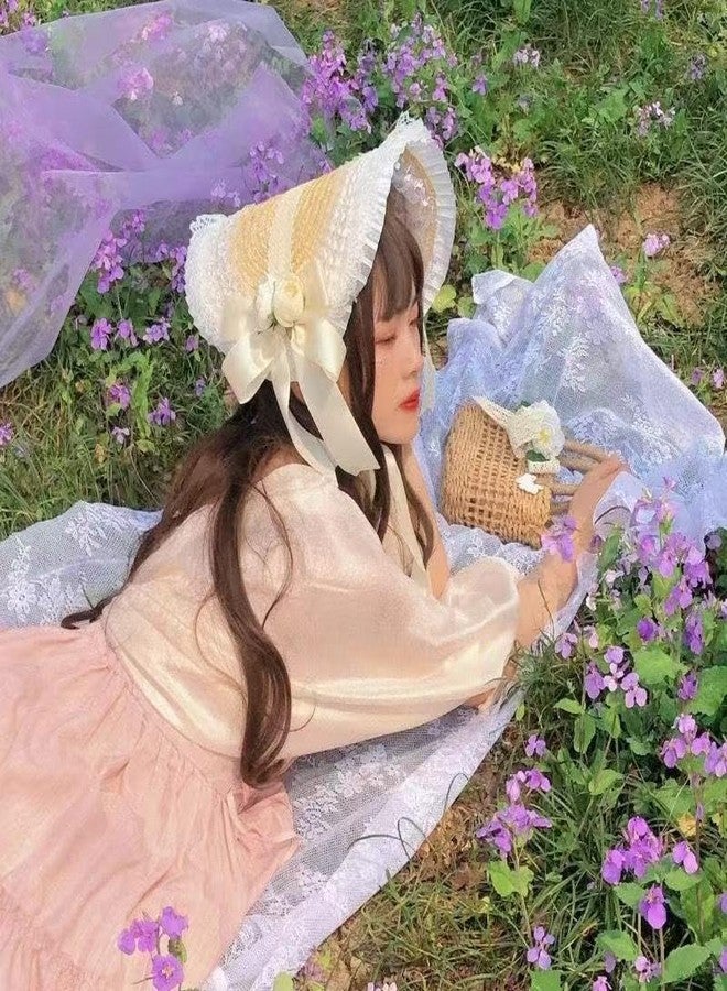 CMRCOYO Victorian Womens Tea Party Sun Hat Lolita Bows Florals Flat Straw Hats Womens Wide Brim Sun Hat with Wind Lanyard - Image 5